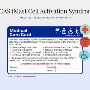 Puede incluir: Una tarjeta de atención médica azul para el síndrome de activación de mastocitos (MCAS). La tarjeta incluye una lista de síntomas, instrucciones de emergencia y espacio para información de contacto. La tarjeta también tiene símbolos médicos.