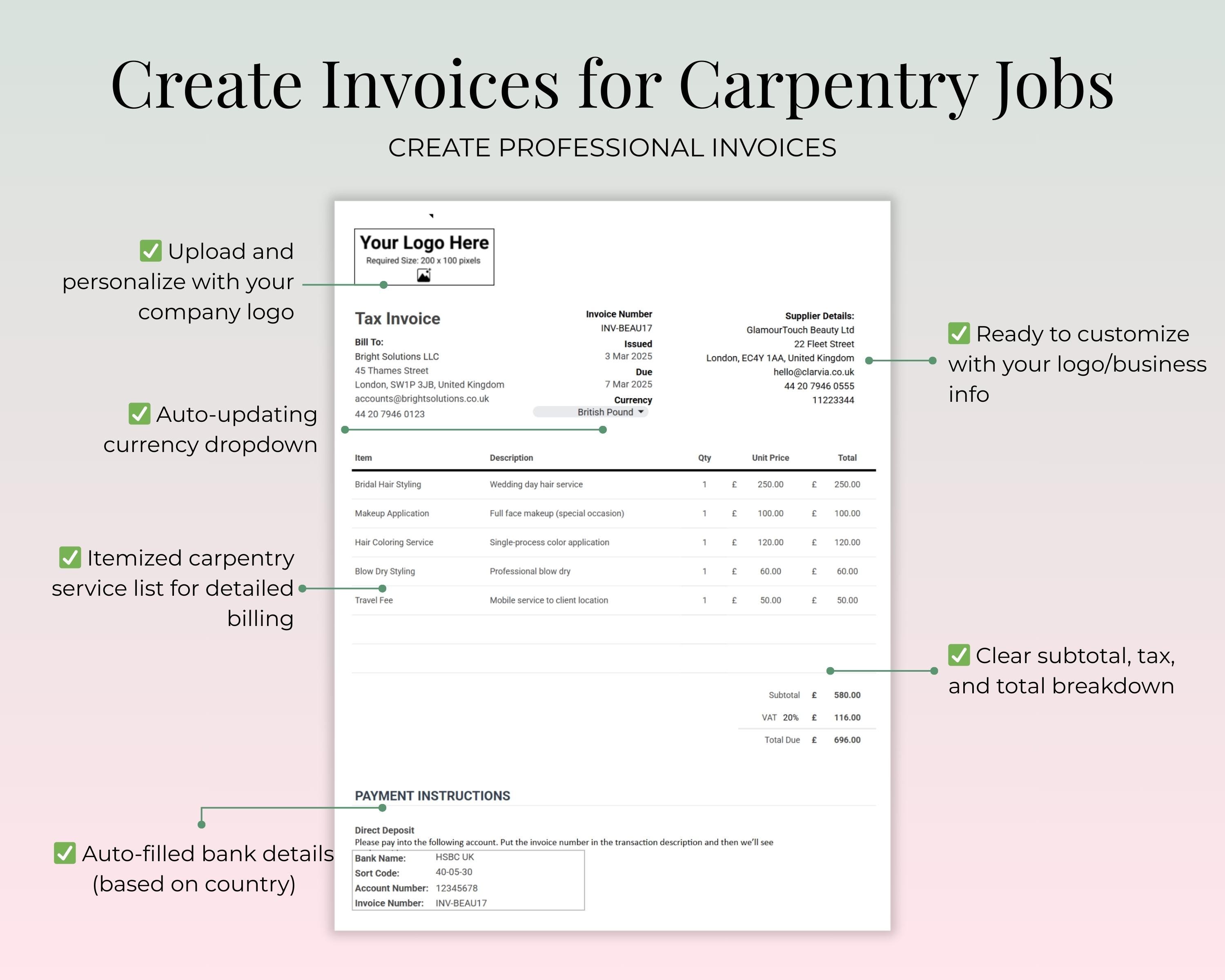 Carpenter Invoice Template | Google Sheets | Editable With Auto ...