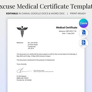 Certificado médico editable con firma: justificante médico para el trabajo o la escuela / Canva, Word y Google Docs / Plantilla de certificado médico imprimible