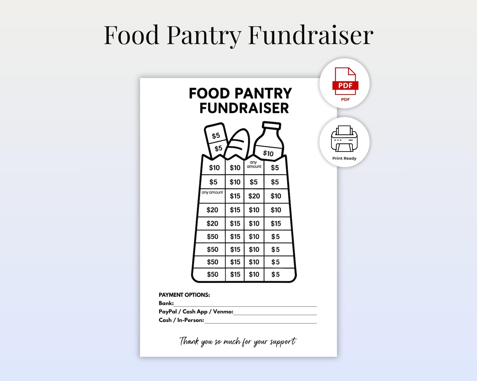 Food Pantry Fundraiser Chart Printable | Donation Tracker | Church ...