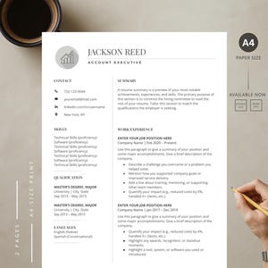 May include: A professional resume template with the name "Jackson Reed" and the title "Account Executive." The resume includes sections for contact information, skills, qualifications, and work experience. The document is A4 size and available for print.