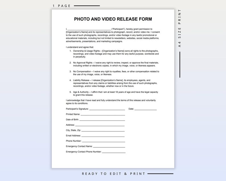 Photo & Video Release Form Template | Editable Media Consent Form ...