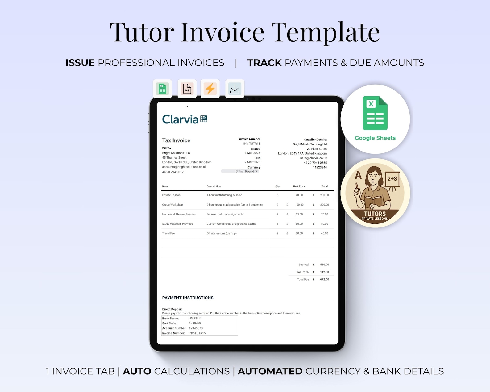 Tutor Invoice Template | Private Lessons | Google Sheets | Editable ...