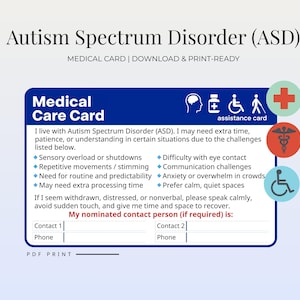 以下が含まれることがあります： 自閉スペクトラム症（ASD）の青い医療ケアカード。カードには、潜在的な課題と連絡先情報が記載されています。カードには医療シンボルと「アシスタンスカード」というテキストも含まれています。