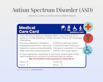 Autism Assistance Card – Autism Spectrum Disorder (ASD) Support Card | Printable Disability Care Wallet Card for Safety & Communication PDF