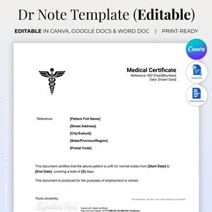 Bearbeitbarer Dr.-Notiz - Arztbrief für die Arbeitsabwesenheit | Entschuldigung Vorlage | Canva, Word & Google Docs