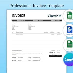 Invoice Template | Editable Google sheets Invoice | Excel, Word, Google Sheets, Docs, Canva | Printable Billing Form