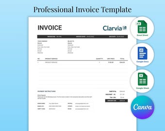 Modelo de fatura | Fatura editável do Google Sheets | Excel, Word, Google Sheets, Docs, Canva | Formulário de cobrança para impressão