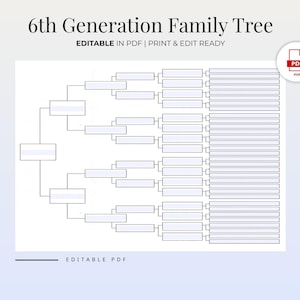 May include: A 6th Generation Family Tree template in PDF format. The design features a hierarchical structure with rectangular boxes connected by lines, ready for print and edit. The text "EDITABLE IN PDF | PRINT & EDIT READY" is displayed at the top.