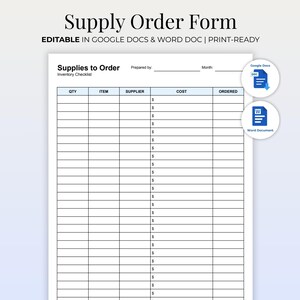 Może przedstawiać: Biały formularz zamówienia na zaopatrzenie z tytułem "Supply Order Form" na górze. Formularz zawiera pola dla ilości, pozycji, dostawcy, kosztu i zamówienia. Widoczny jest również tekst "Editable in Google Docs & Word Doc | Print-Ready".