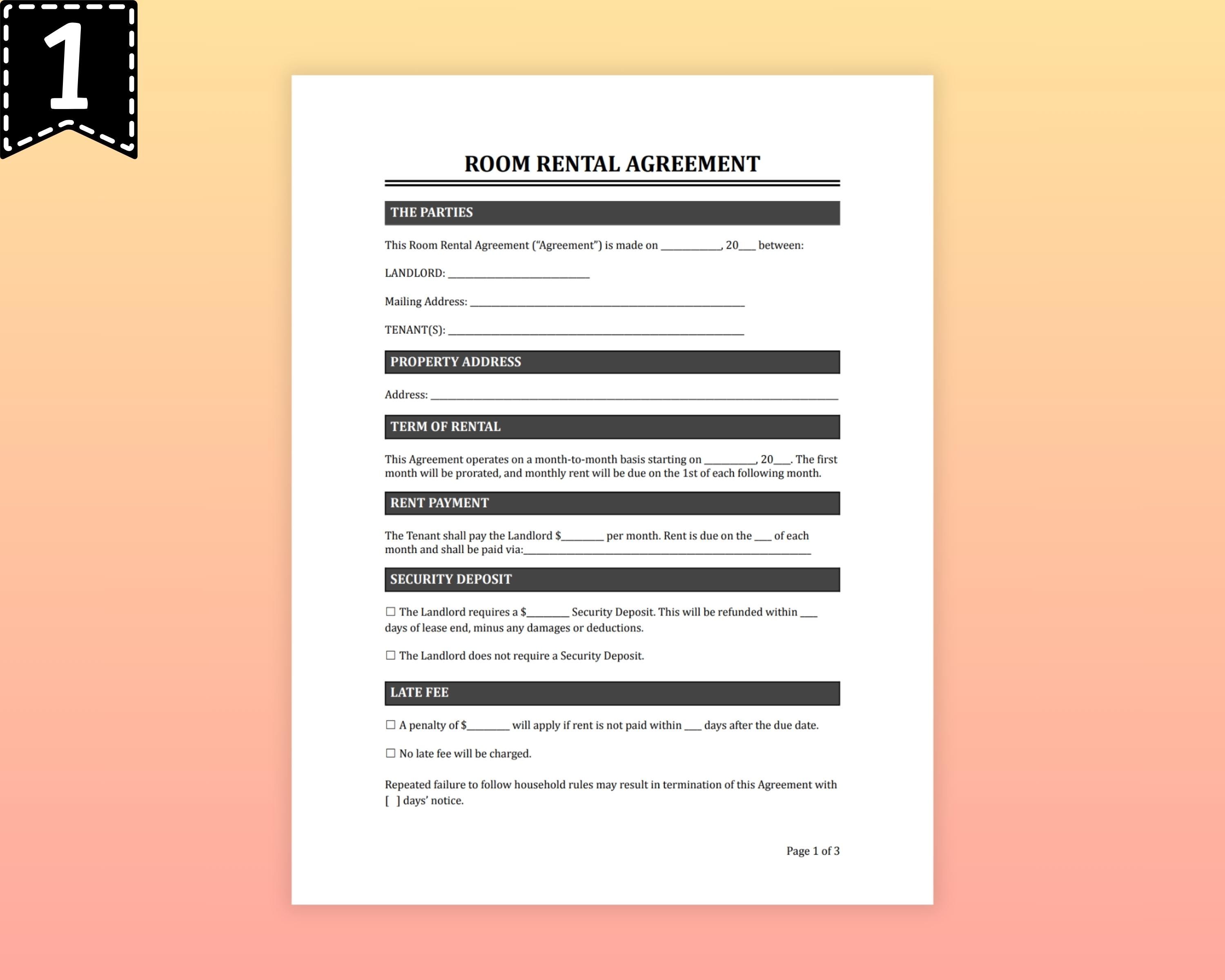 Room Renting Paper Printable Room Rental Agreement Template | Editable Room Tenancy ...