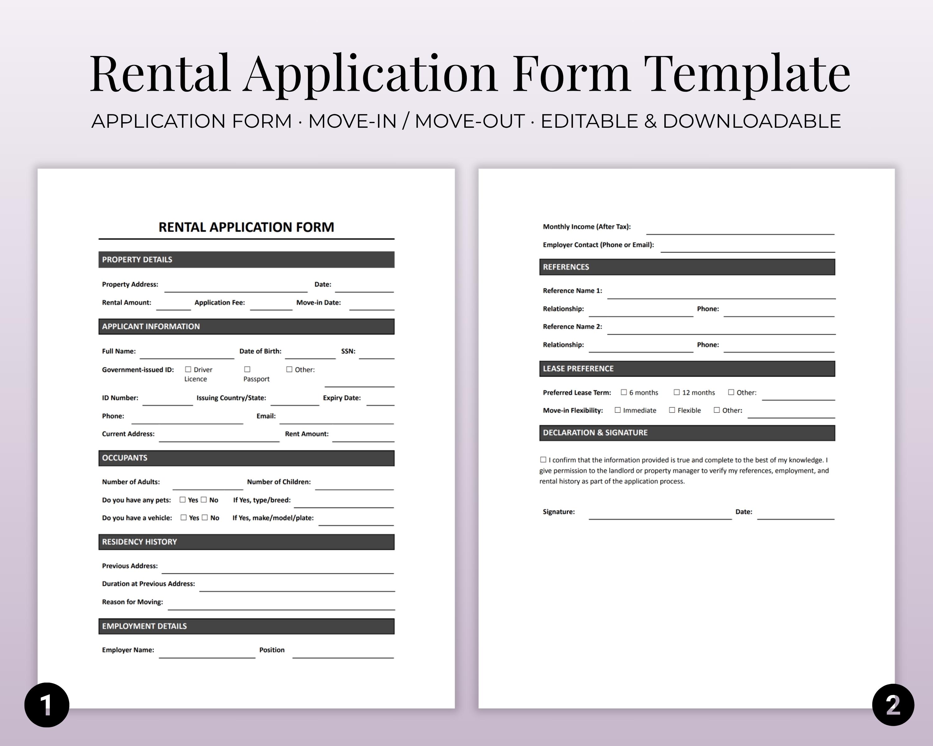 Rental Application Form Template | Tenant Lease Application for ...