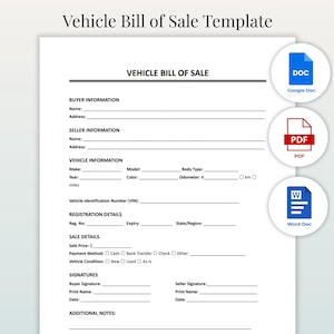 Vehicle Bill of Sale Template – Printable Motor Vehicle Sale Contract and Car Sale Agreement | Editable in Google Docs, Word & PDF