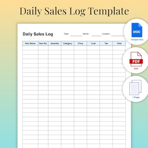 May include: A white Daily Sales Log template with columns for item name, quantity, price, and more. The document includes icons for Google Doc, PDF, and 1 Page. The title "Daily Sales Log Template" is at the top.