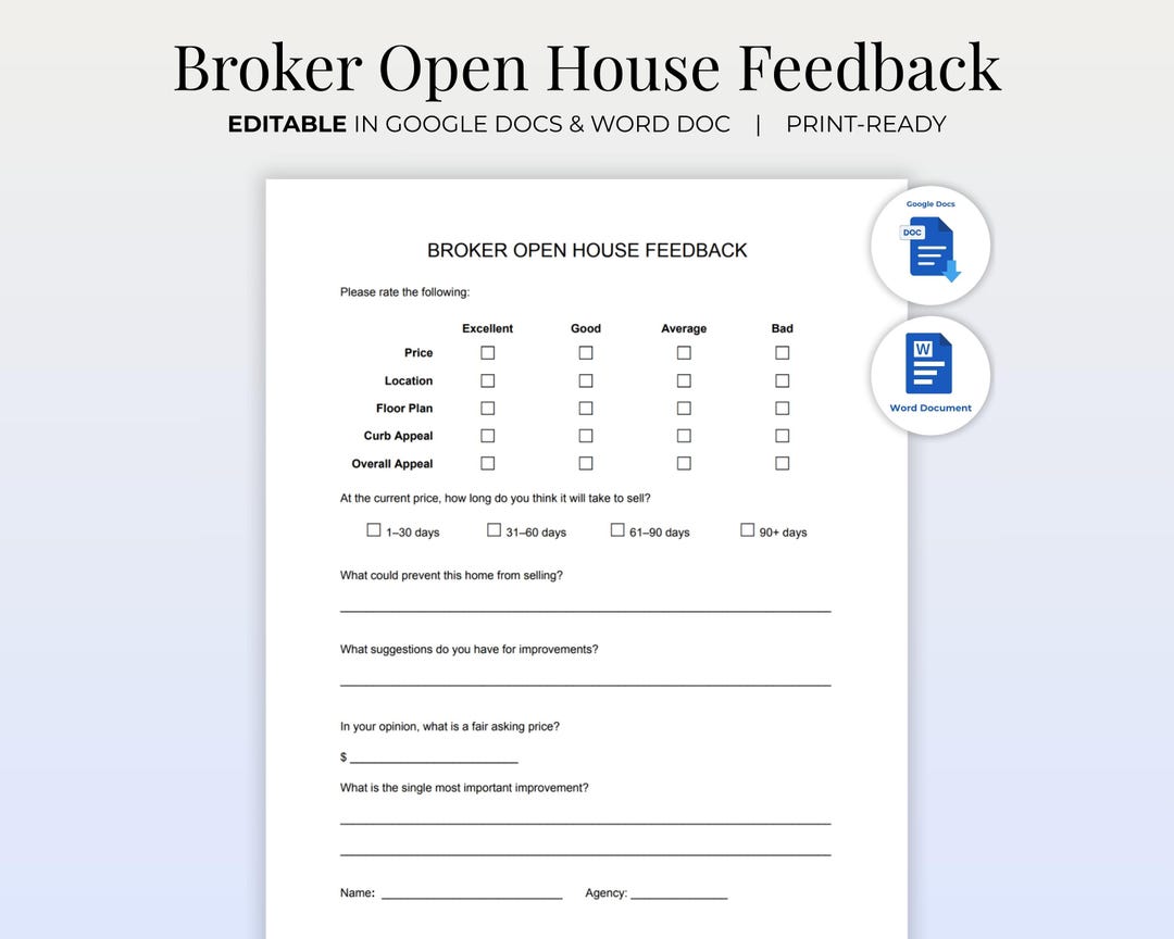 Broker Open House Feedback Form | Real Estate Agent Feedback | Realtor ...