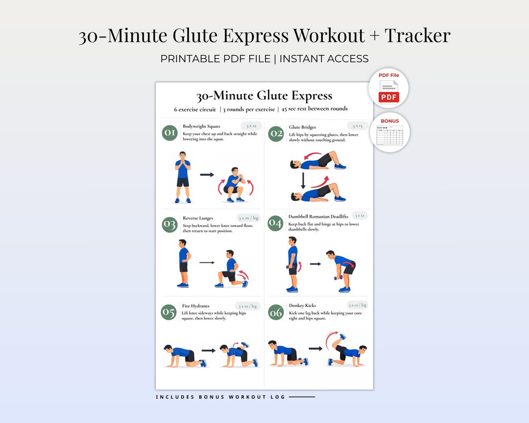 30 Minute Glute Express Workout PDF for Men | Printable Glute Strength ...