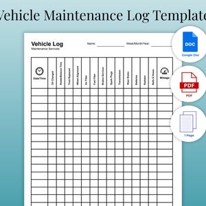 Vehicle Maintenance Log Template Editable & Printable | A4 Car Service Record PDF and Google Doc | Auto Repair Tracker Sheet