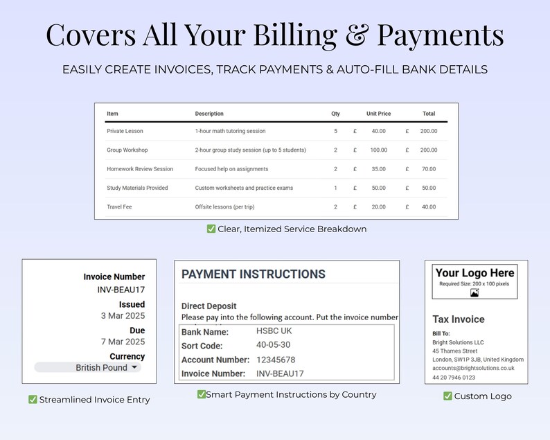 Tutor Invoice Template | Private Lessons | Google Sheets | Editable ...