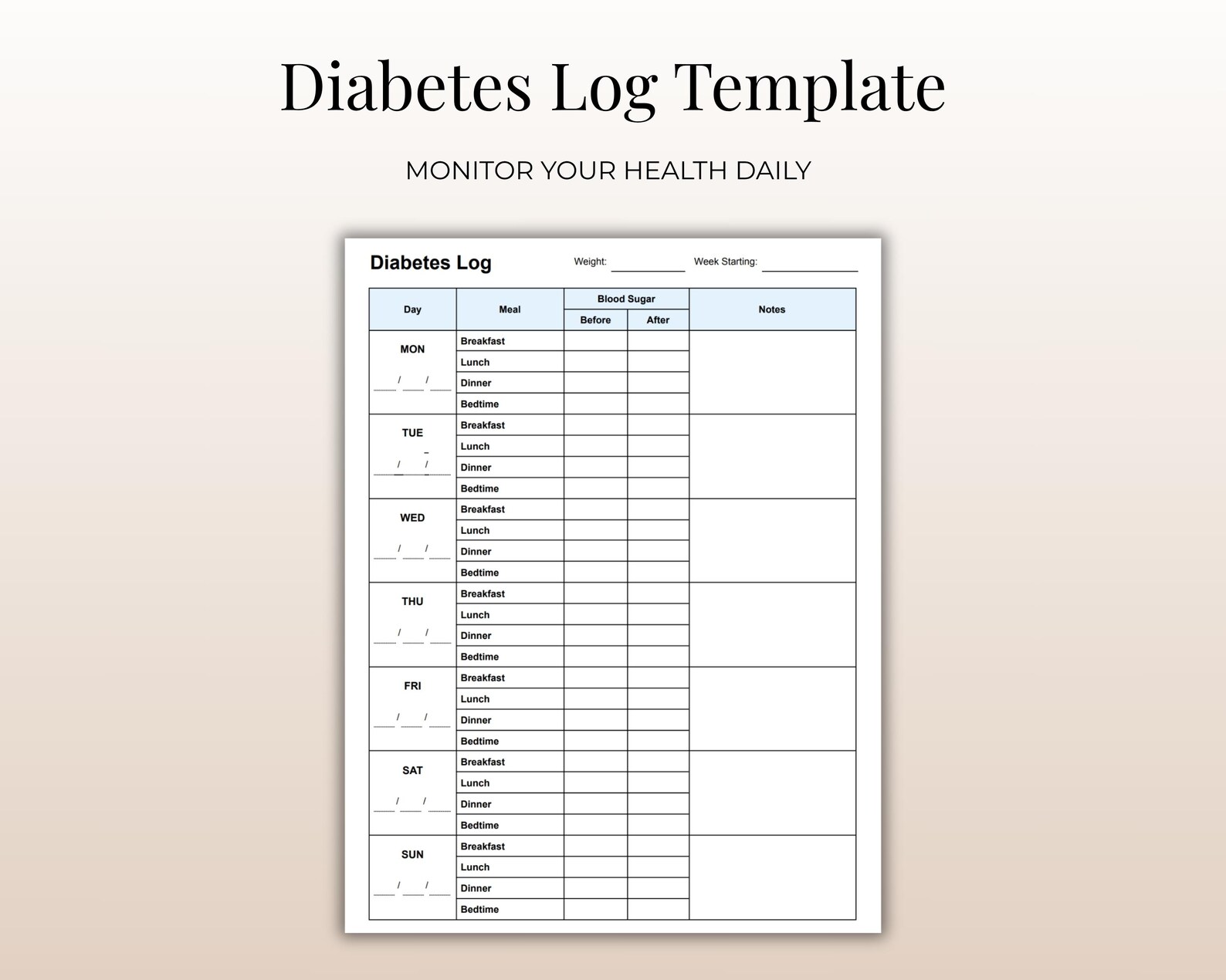 Diabetes Log Template Editable & Printable | A4 Blood Sugar Tracker PDF ...