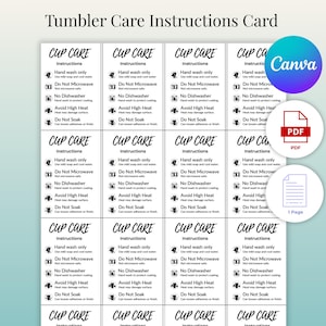 Printable Tumbler Care Instructions Card – Cup Care Label Insert for Small Business, Washing Instruction Card Template, Tumbler Care Guide
