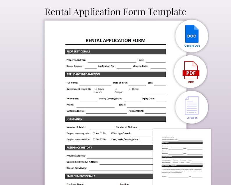 Rental Application Form Template | Tenant Lease Application for ...