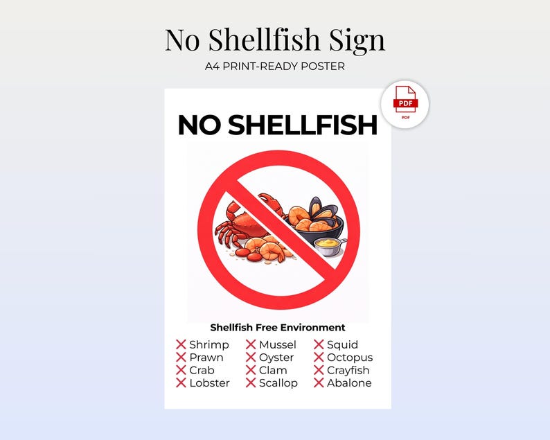 No Shellfish Sign Printable A4 | Shellfish Free Environment Poster ...