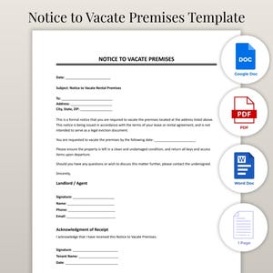 Plantilla de aviso de desalojo de propiedad · Formulario de rescisión de contrato de arrendamiento · Carta de desalojo editable (PDF, Word, Google Docs) · Descarga instantánea
