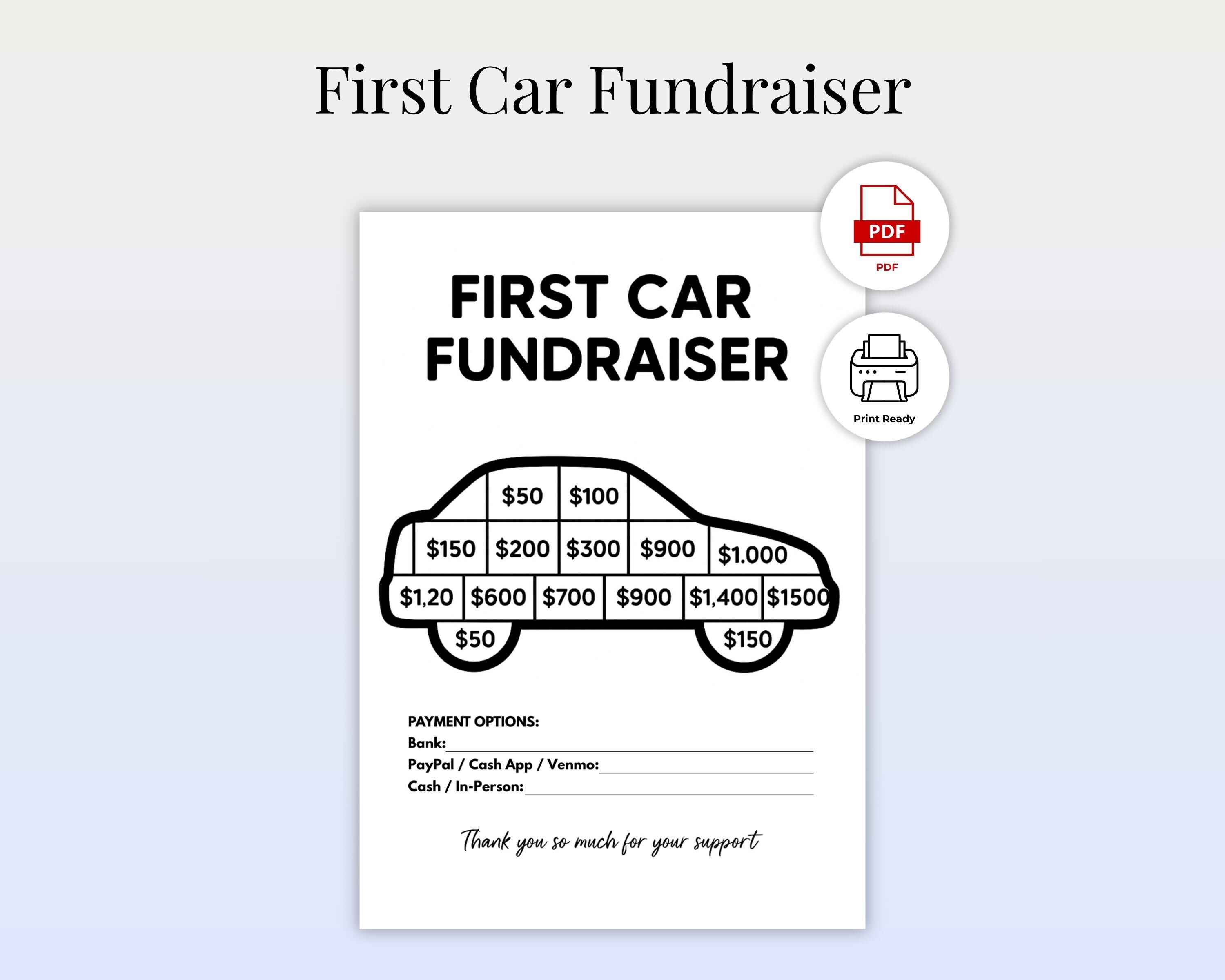 First Car Fundraiser Chart Printable | Donation Tracker | Teen Car ...
