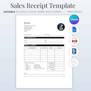 Editable Receipt Template | Customer, Cash & Order Receipts | Canva, Google Docs, Word | Sales Receipt Form | Instant Download