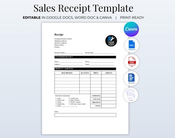 Plantilla de recibo editable / Recibos de clientes, efectivo y pedidos / Canva, Google Docs, Word / Formulario de recibo de venta / Descarga instantánea