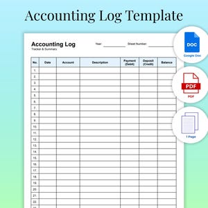Puede incluir: Una plantilla de registro contable blanca con el título "Accounting Log Template". El registro incluye columnas para fecha, cuenta, descripción, pago, depósito y saldo. Los iconos de DOC, PDF y 1 página están a la derecha.