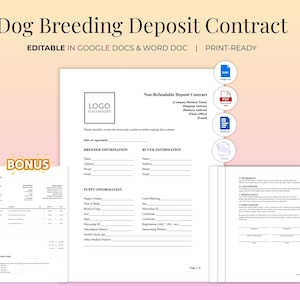 Dog Breeding Deposit Contract Template (Non-Refundable), 4 Pages Editable Word & Google Docs + Bonus Puppy Invoice, Breeder Agreement