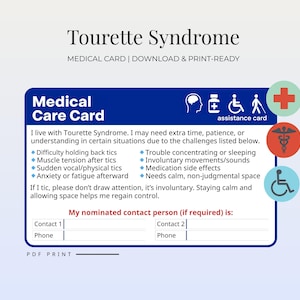 Könnte beinhalten: Blaue Medical Care Card für Tourette-Syndrom, mit weißem Text und Rand. Die Karte enthält eine Liste von Herausforderungen und Kontaktinformationen. Hilfe-Symbole sind ebenfalls enthalten. Download und druckfertig.