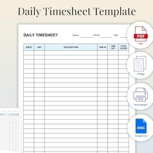 May include: A white Daily Timesheet Template with the title at the top. The timesheet has columns for date, day, description, time in, time out, and total hours. Icons for PDF, 2 Page, Print Ready, and Google Doc are on the right.