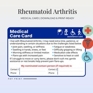 May include: A blue Medical Care Card for Rheumatoid Arthritis, with a white border and text. The card includes a list of symptoms and a section for emergency contacts. Icons for assistance are also included.
