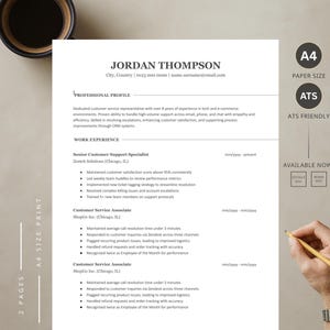 Pode incluir: Um modelo de currículo profissional com o nome "Jordan Thompson" no topo. O currículo é impresso em papel A4 e é compatível com ATS. O currículo inclui seções para perfil profissional e experiência de trabalho.