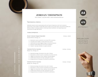 Può includere: Un modello di curriculum vitae professionale con il nome "Jordan Thompson" in alto. Il curriculum è stampato su carta A4 ed è compatibile con ATS. Il curriculum include sezioni per il profilo professionale e l'esperienza lavorativa.