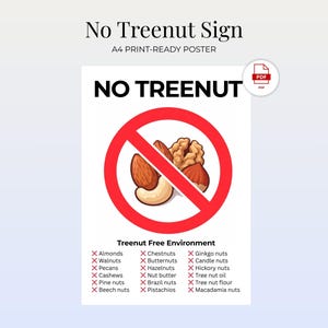 May include: A white poster with the text "No Treenut Sign" and "No Treenut" in bold, black letters. A red circle with a line through it contains illustrations of almonds and walnuts. The poster lists tree nuts to avoid.