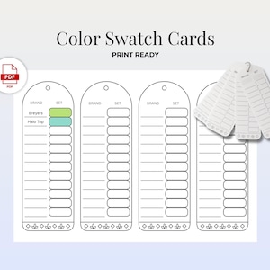 May include: Color swatch cards with the text "Color Swatch Cards PRINT READY". The cards are white with a series of rectangular boxes for color swatches. The cards have a rounded top with a hole for hanging. The PDF icon is in the upper left corner.