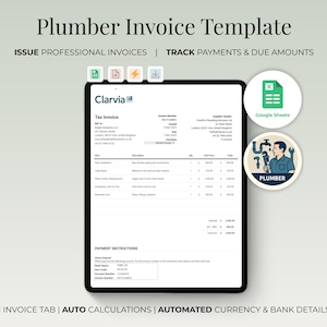 Op de afbeelding: Een digitale sjabloon voor een loodgietersfactuur op een tablet, met de tekst "Plumber Invoice Template". De factuur bevat secties voor belasting, leveranciersgegevens en betalingsinstructies. Er zijn ook pictogrammen voor Google Sheets en een loodgietersafbeelding.