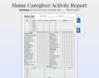 Home Health Caregiver Log Sheet | Daily Care Report, Caregiver Checklist, Timecard & Task Tracker | Printable Elder Care Record Template