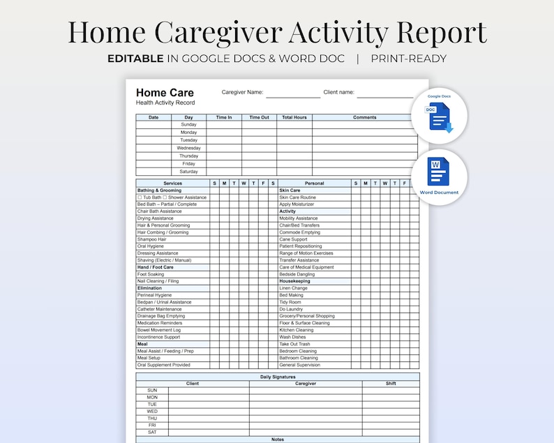 Home Health Caregiver Log Sheet | Daily Care Report, Caregiver ...