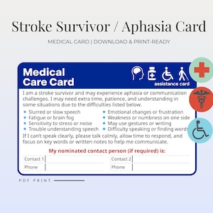 Puede incluir: Tarjeta de atención médica azul para supervivientes de accidentes cerebrovasculares y personas con afasia, con una lista de posibles dificultades de comunicación. La tarjeta incluye espacio para información de contacto y símbolos médicos.