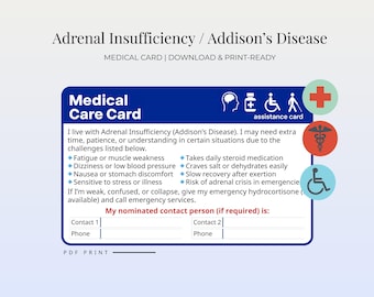Adrenal Insufficiency Medical Alert Card – Addison’s Disease Support | Printable Disability Care Wallet Card for Safety & Communication PDFs
