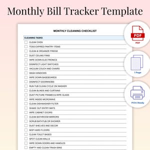 Puede incluir: Una plantilla imprimible de lista de verificación de limpieza mensual con un fondo rosa claro y blanco. La lista de verificación incluye tareas de limpieza como limpiar el horno, quitar el polvo de los ventiladores de techo y limpiar los aparatos electrónicos. El texto "Monthly Bill Tracker Template" está en la parte superior.