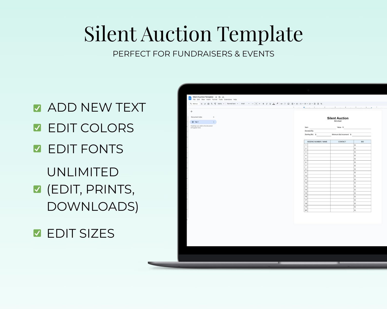 Silent Auction Bid Sheet A4 Printable PDF & Editable Google Docs ...