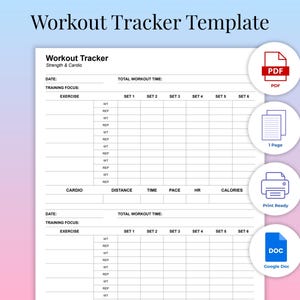 Träningslogg A4 | Utskrivbar och redigerbar Google Docs-träningslogg | Styrke- och konditionsträningsplanerare | Träningslogg för gymmet i PDF-format