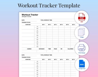 Workout Tracker A4 | Printable & Editable Google Docs Fitness Log | Strength and Cardio Exercise Planner | Gym Workout Log PDF