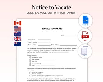Notice to Vacate Template | Universal Lease Termination Form (USA, Australia, Canada) | Tenant Move Out Letter PDF | Editable & Printable