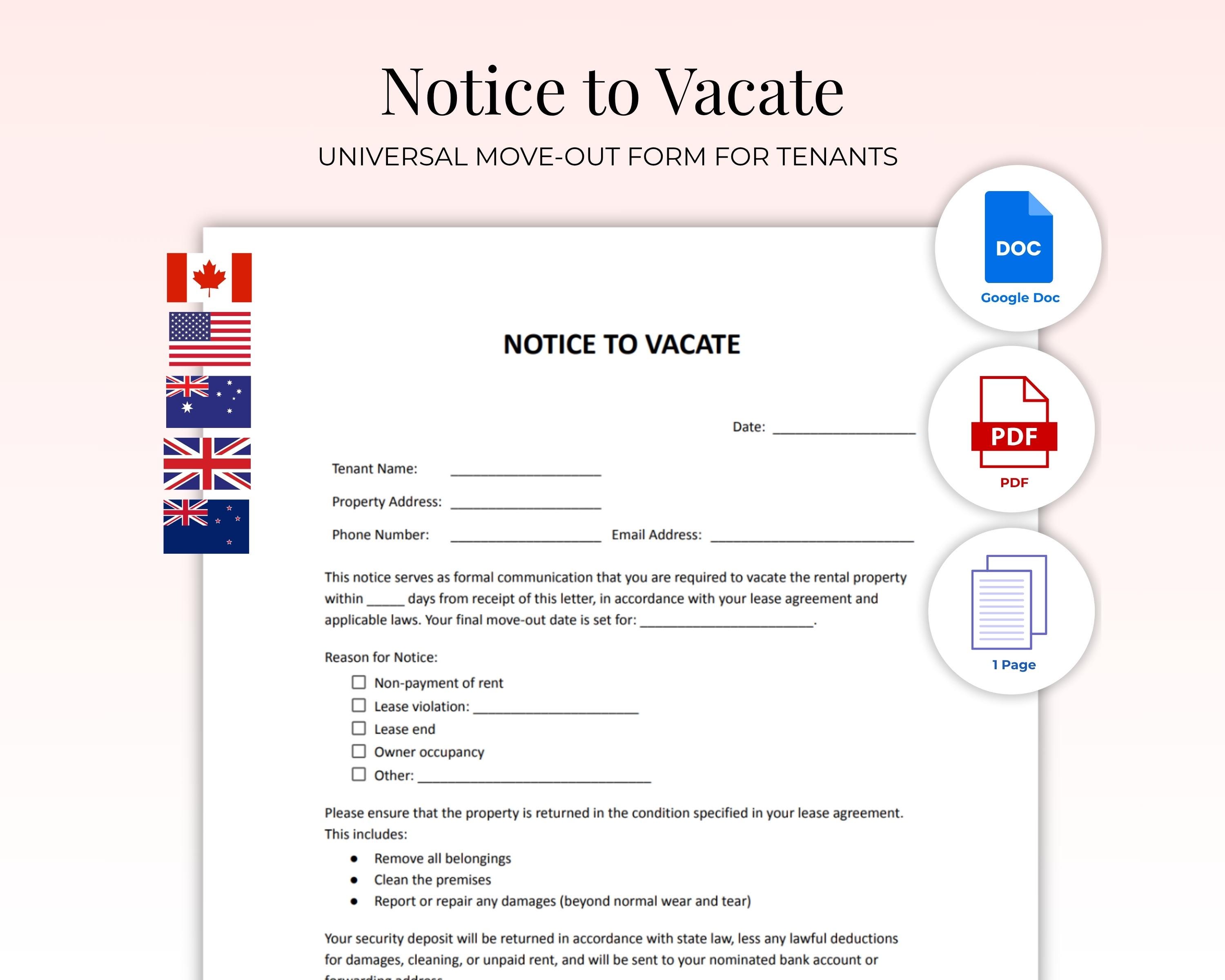 Notice to Vacate Template | Universal Lease Termination Form (USA ...
